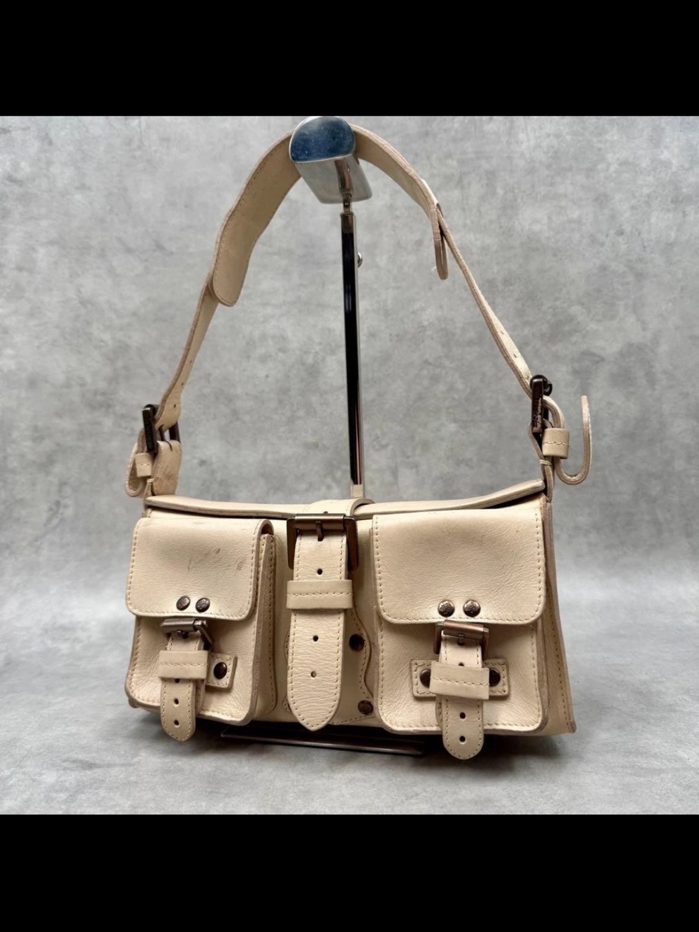 Mulberry Beige Cream Double-Pocket Leather Shoulder Bag